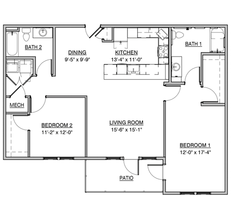 Floor plan for 2 beds, 2 baths, 1300 sqft